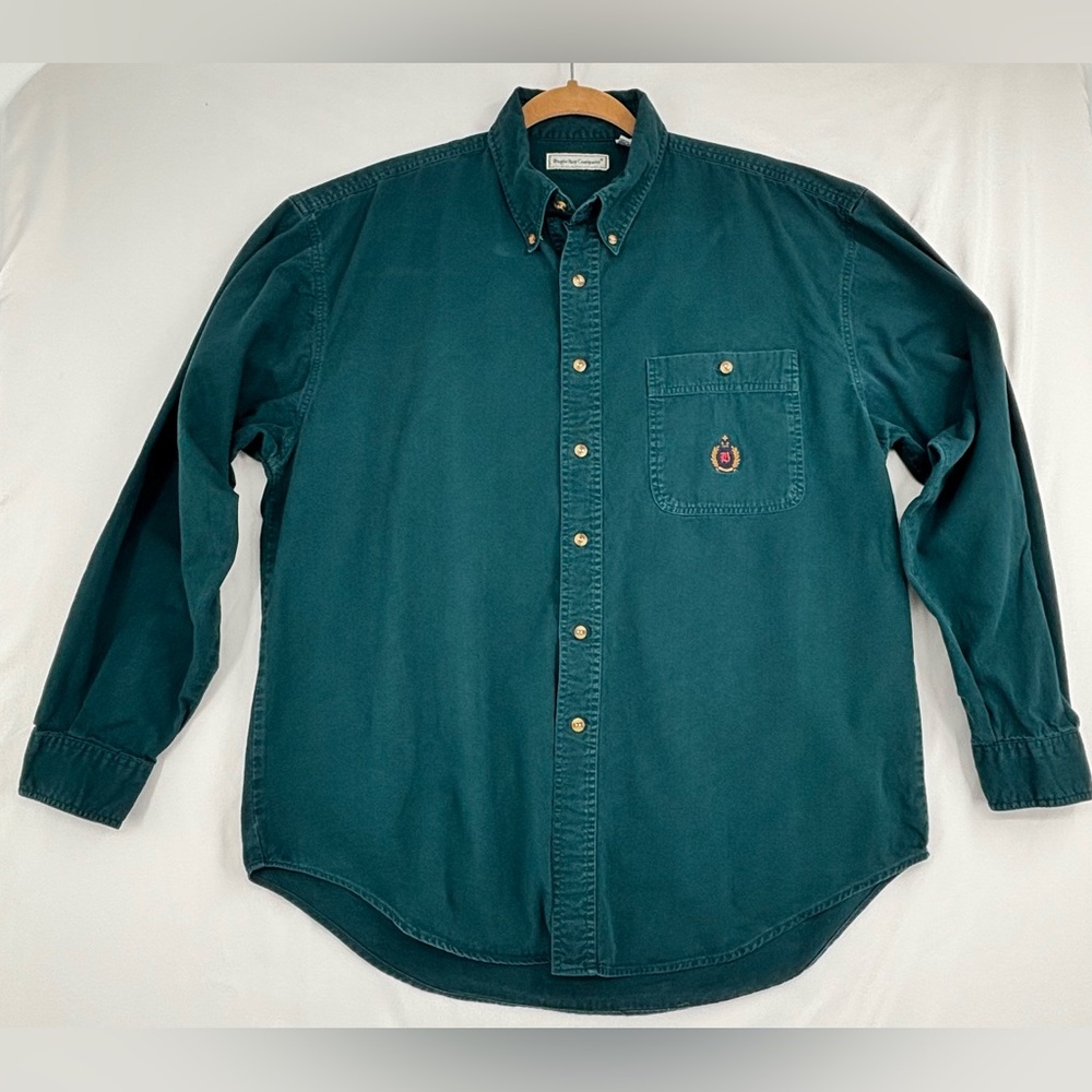 Vintage Bugle Boy Company Crest Logo Shirt Men’s XL Green Long Sleeve 100% Cottn